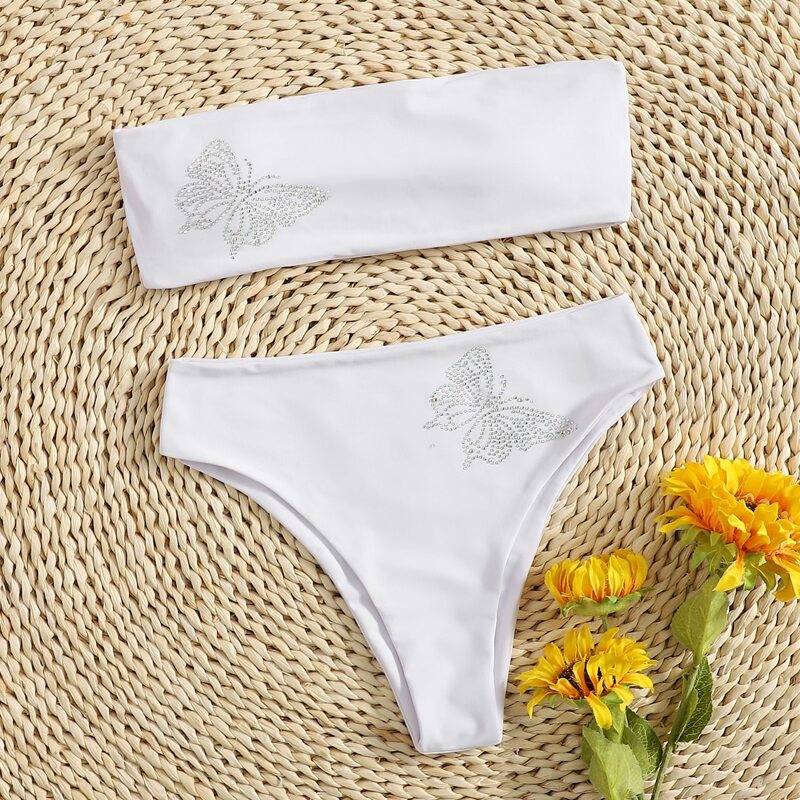 

Rhinestone Butterfly High Waist Bikini Swimsuit, White
