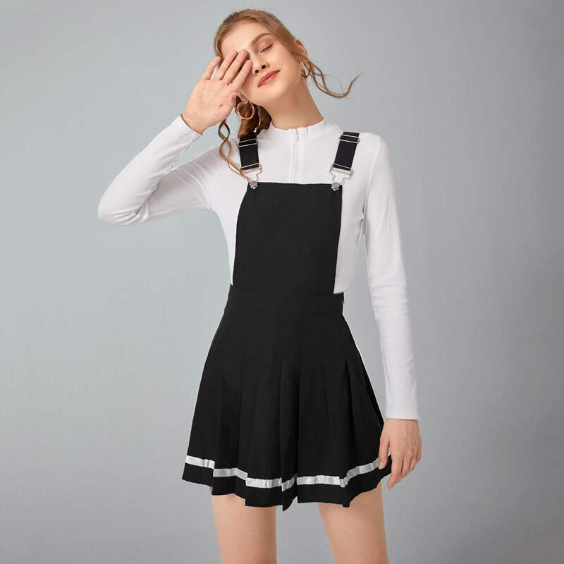 

Varsity Striped Overall Dress, Black