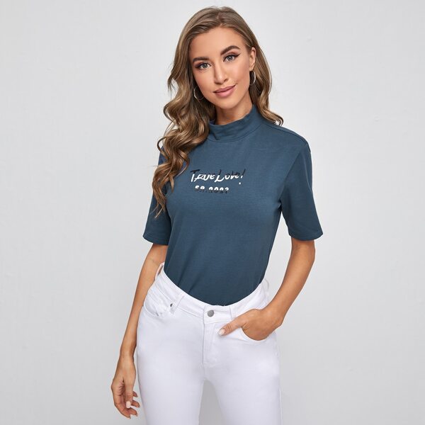 

Mock Neck Letter Graphic Tee, Dusty blue
