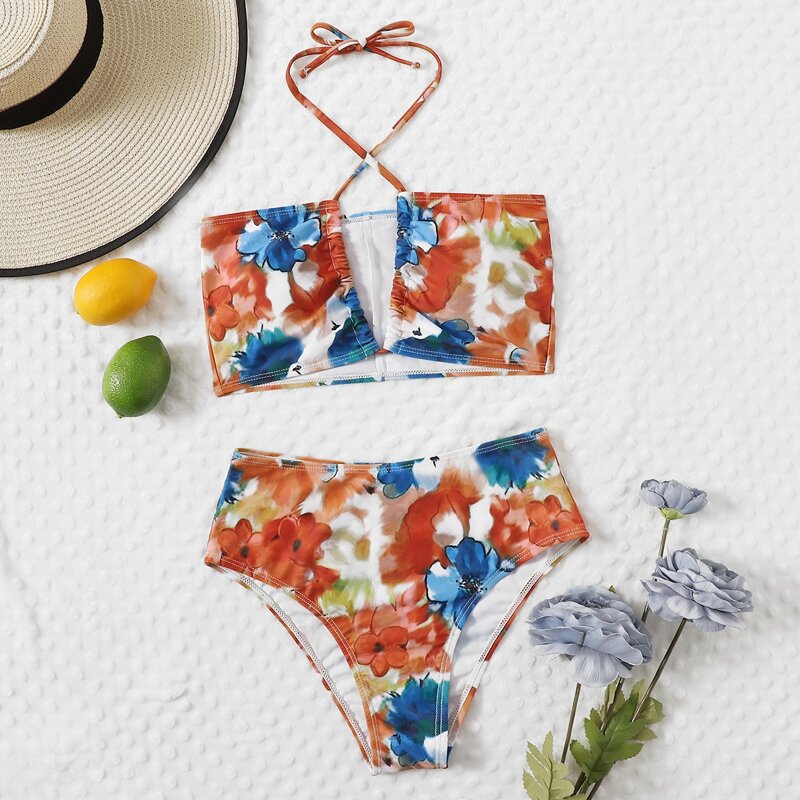 

Floral Cut-out High Waist Bikini Swimsuit, Multicolor