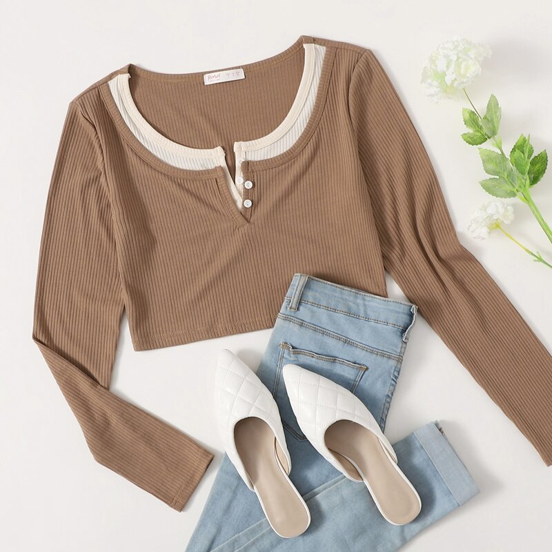 

2 In 1 Button Ribbed Crop Tee, Mocha brown