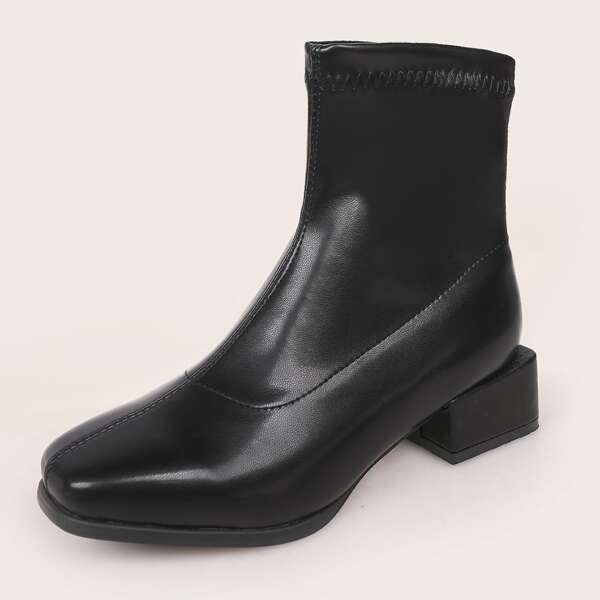 

Square Toe Block Heeled Boots, Black