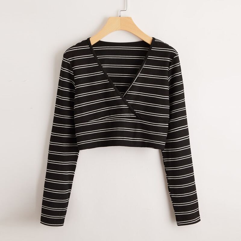 

Striped Wrap Ribbed Crop Tee, Black