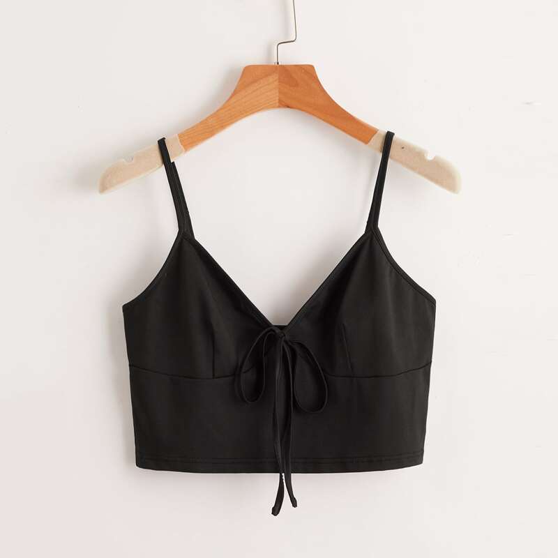 

Solid Tie Front Crop Cami, Black
