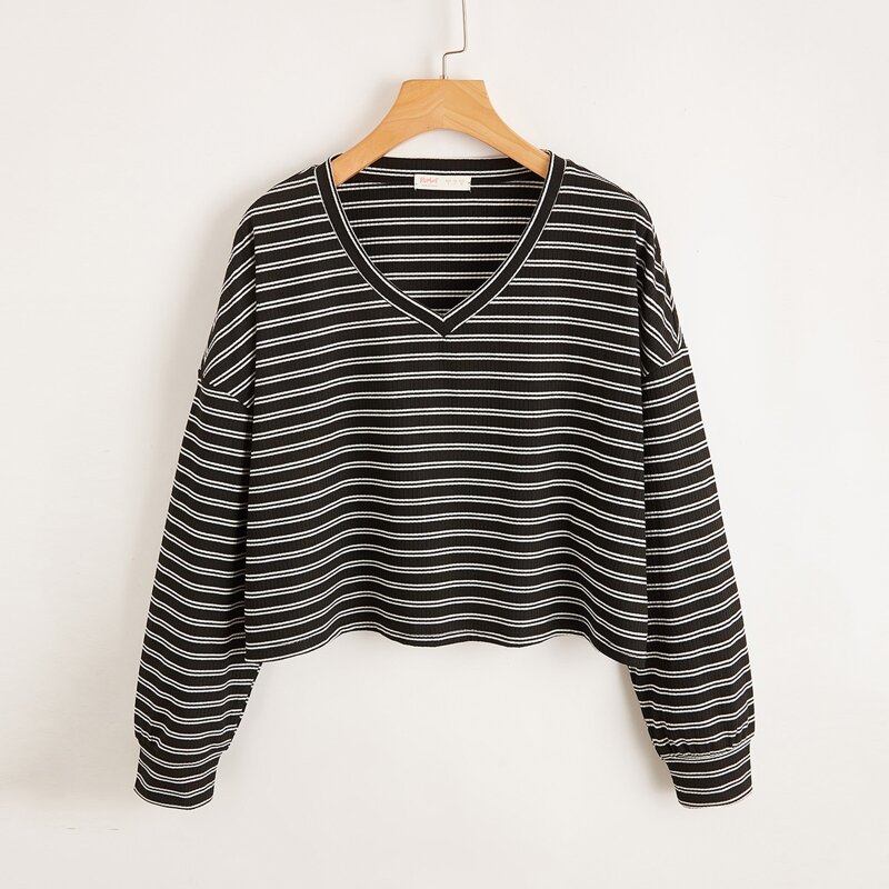

V Neck Striped Tee, Black and white