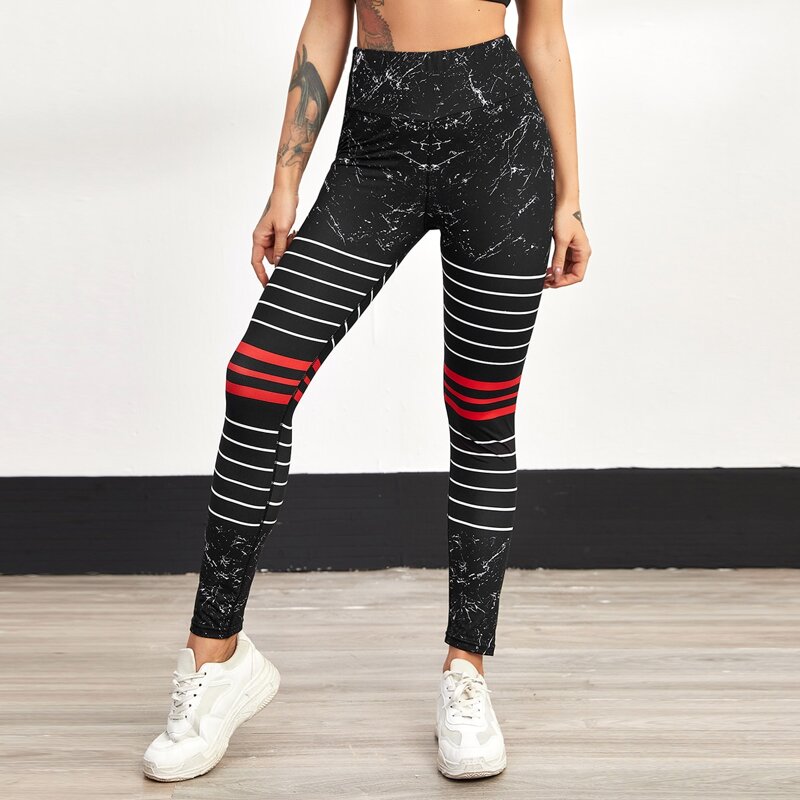 

Marble And Striped Print Sports Leggings, Black