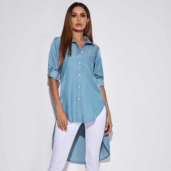 

Roll Up Sleeve Patch Pocket High Low Denim Blouse, Light wash