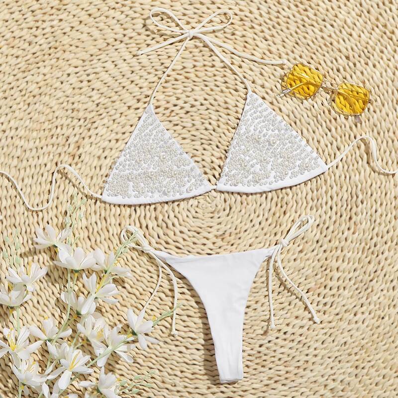 

Faux Pearl Decor Tie Side Bikini Swimsuit, White