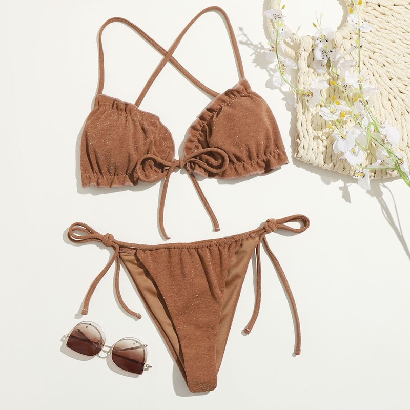 

Glitter Frill Tie Side Bikini Swimsuit, Brown