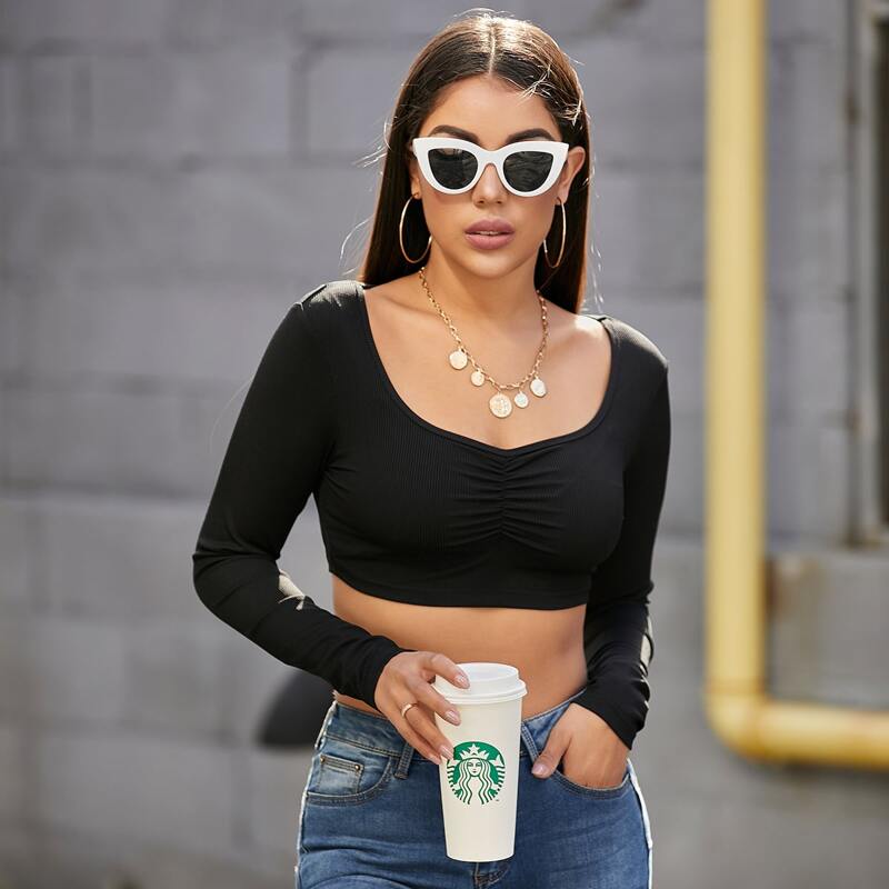 

Ruched Rib-knit Crop Tee, Black