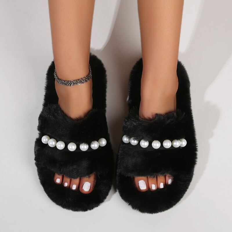 

Faux Pearl Decor Fluffy Slippers, Black