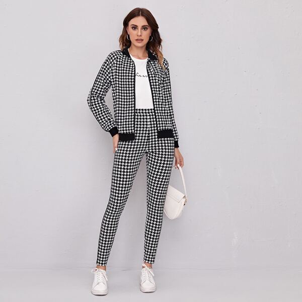 

Striped Side Houndstooth Jacket & Leggings Set, Black and white