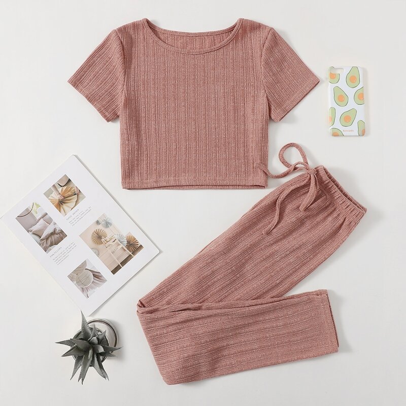 

Crop Tee With Knot Front Pants Lounge Set, Dusty pink