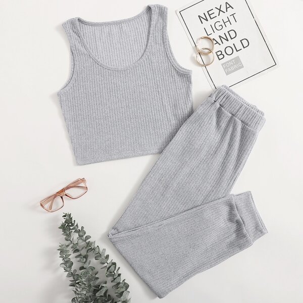 

Crop Tank Top With Pants Lounge Set, Grey