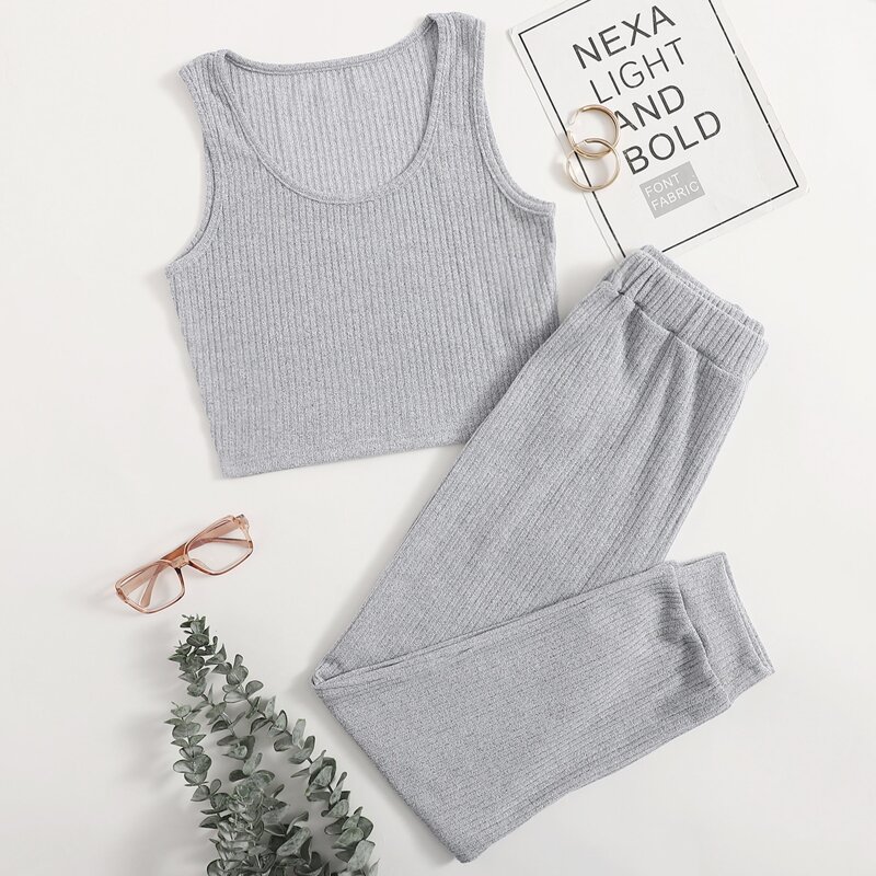 

Crop Tank Top With Pants Lounge Set, Grey