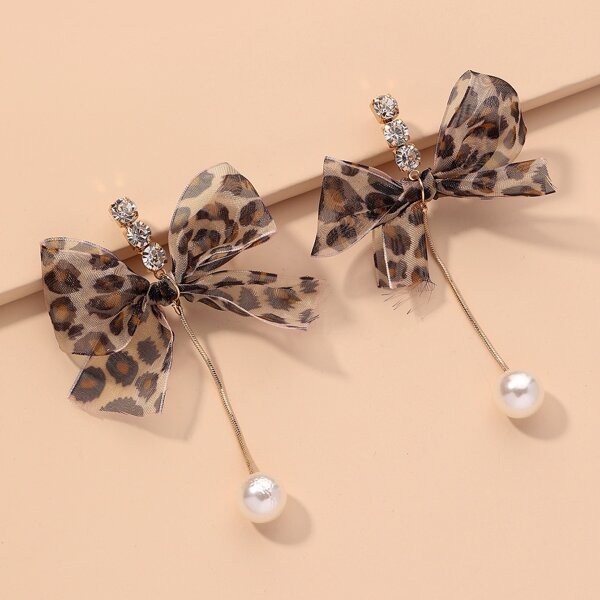 

Faux Pearl & Bow Decor Drop Earrings, Coffee brown