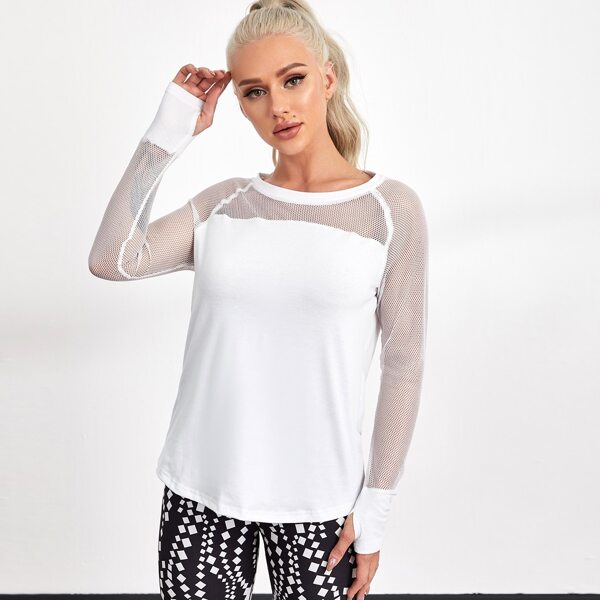 

Contrast Fishnet Mesh Sports Tee With Thumb Hole, White