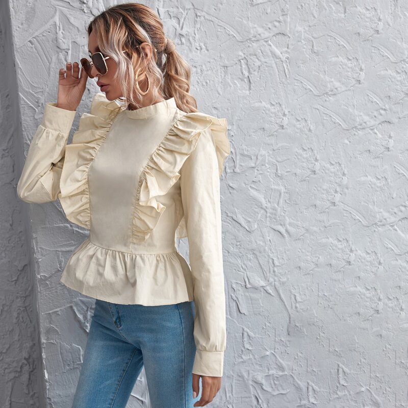 

Mock Neck Ruffle Trim Solid Peplum Top, Beige