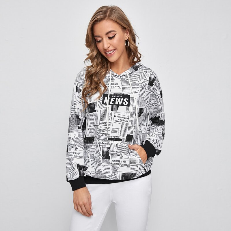 

Newspaper Print Pocket Front Hoodie, Black and white