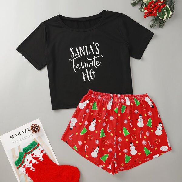 

Christmas Print Short Sleeve Pajama Set, Multicolor