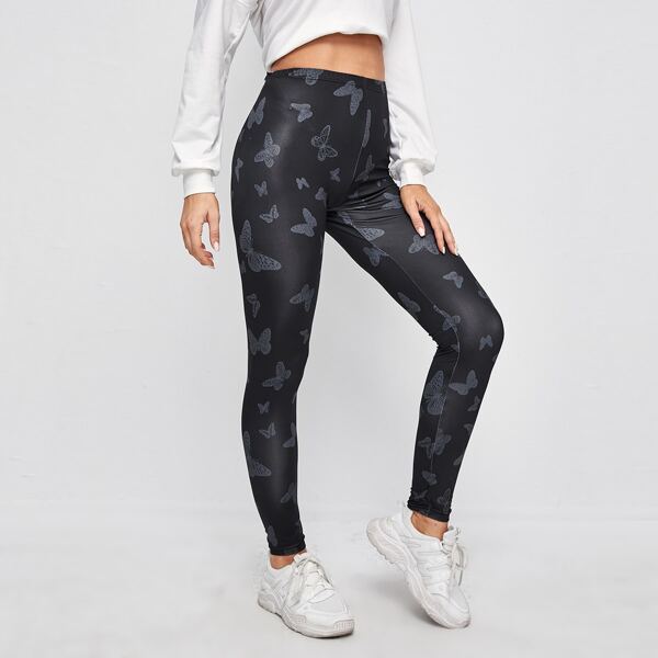 

Elastic Waist Butterfly Print Leggings, Black