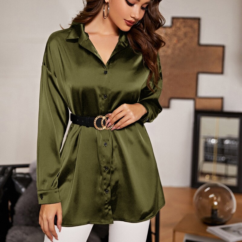 

Drop Shoulder Buttoned Satin Blouse Without Belt, Olive green