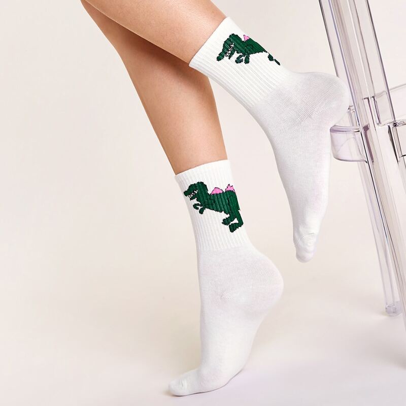 

Cartoon Dinosaur Crew Socks, White