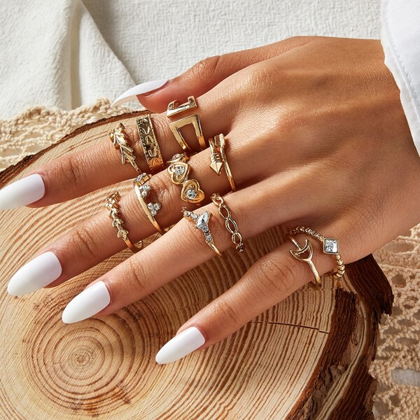 

11pcs Rhinestone Decor Ring, Gold