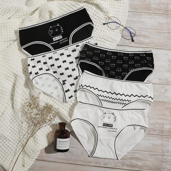 

5pack Cartoon Graphic Panty Set, Black and white