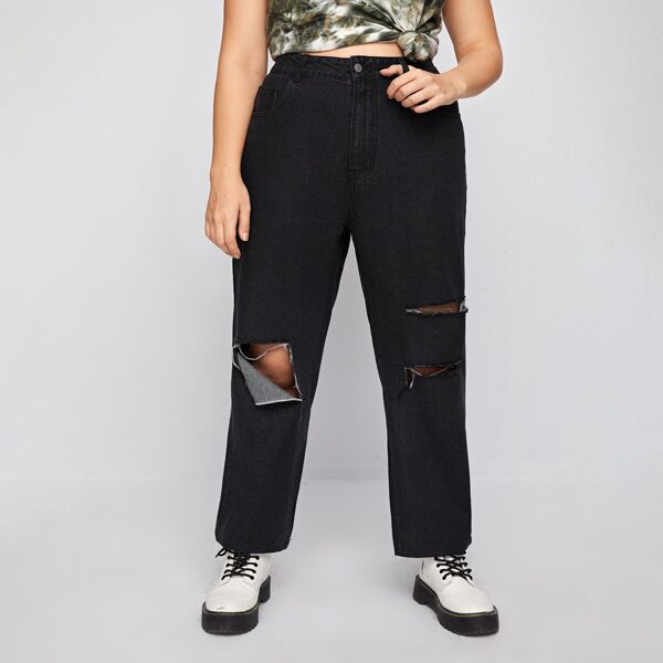

Plus Ripped Straight Leg Jeans, Black