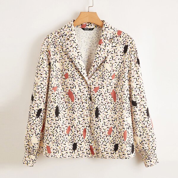 

Plus Lapel Collar Allover Print Blouse, Multicolor
