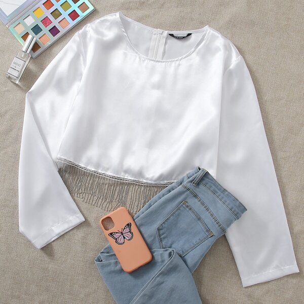 

Plus Satin Zipper Back Crop Blouse, White