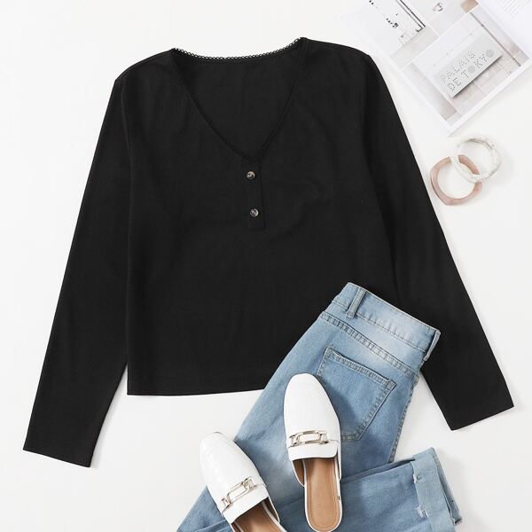 

Plus V-neck Rib-knit Button Front Tee, Black