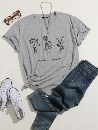 تي شيرت مقاس كبير بطباعة زهر وشعار