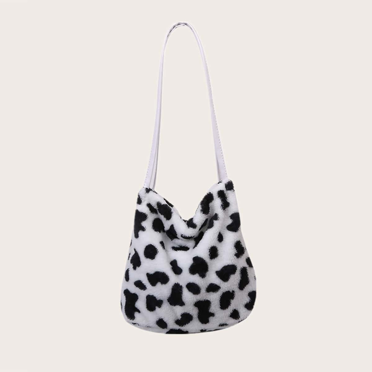 

Cow Pattern Fluffy Shoulder Bag, White