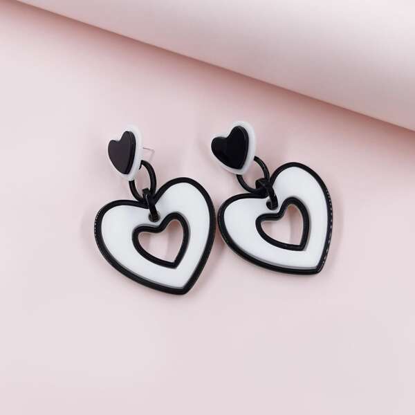 

Heart Charm Drop Earrings, Black and white