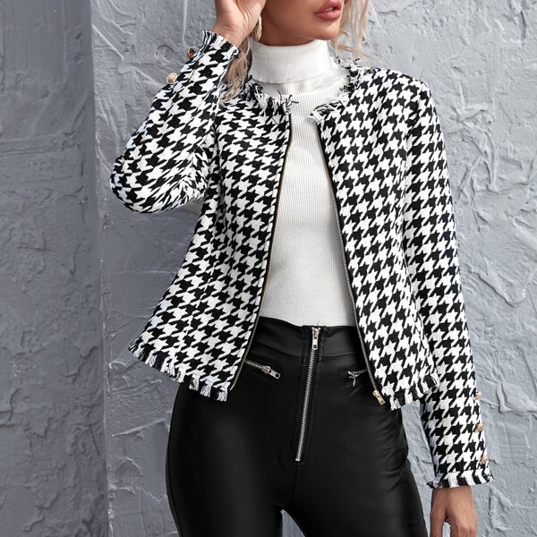 

Zipper Placket Raw Edge Houndstooth Pattern Jacket, Black and white