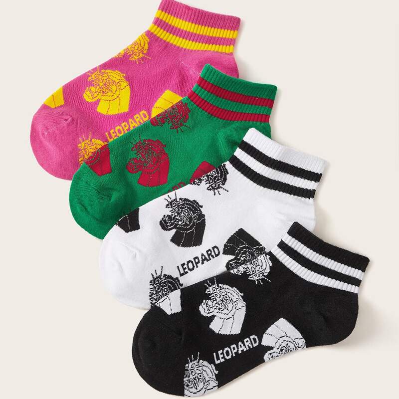 

4pairs Striped & Animal Ankle Socks, Multicolor