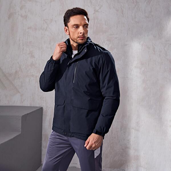 

Men Flap Pockets Hooded Sports Jacket With Detachable Lined, Navy blue