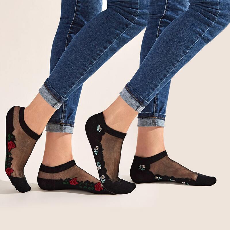 

2pairs Floral Mesh Ankle Socks, Black