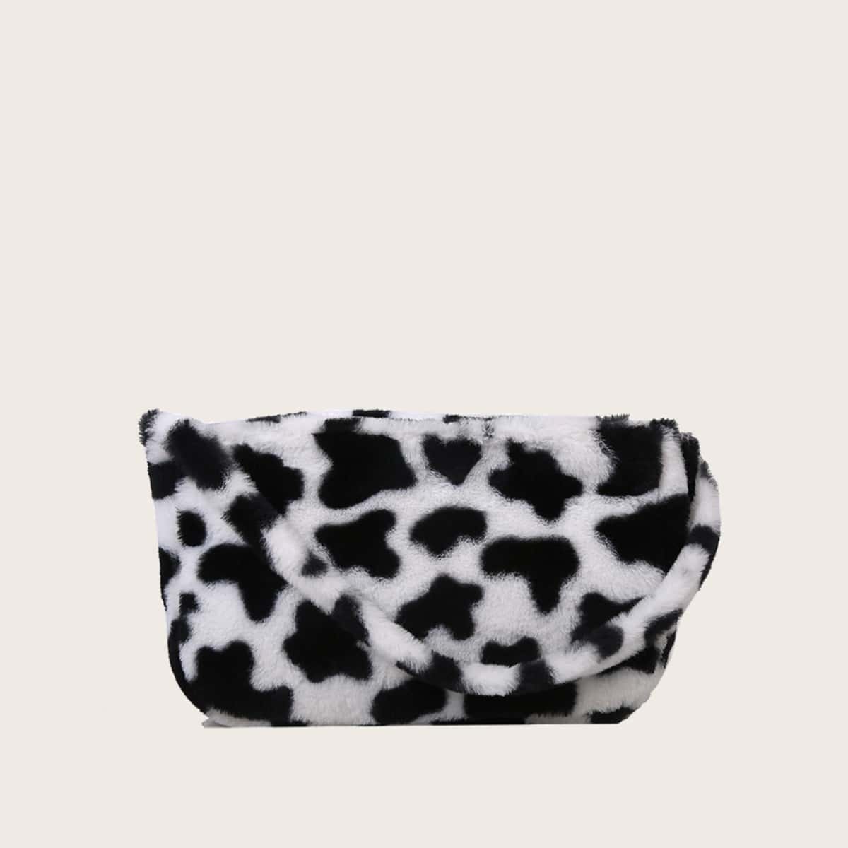 

Cow Pattern Fluffy Shoulder Bag, Black and white