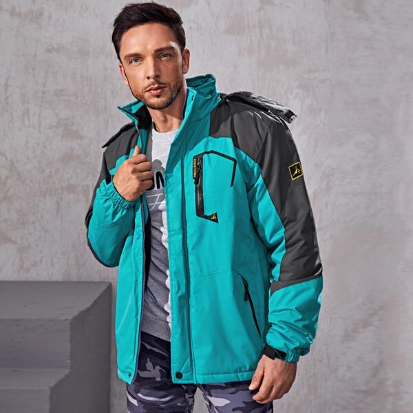 

Men Color Block Zip Up Hooded Sports Jacket, Mint blue