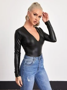 SHEIN Privé V-neck Form Fitted PU Bodysuit - Black - View 4