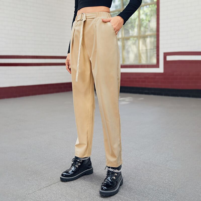 

D-ring Belted Fold Pleated Pants, Khaki
