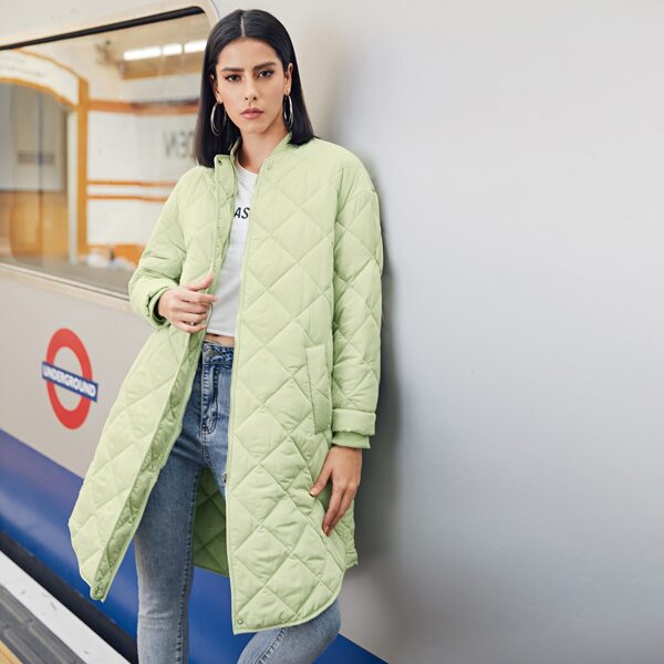 

Slant Pocket Zipper Placket Quilted Coat, Pastel mint green