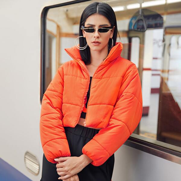 

Neon Orange Zipper Placket Puffer Jacket, Orange neon