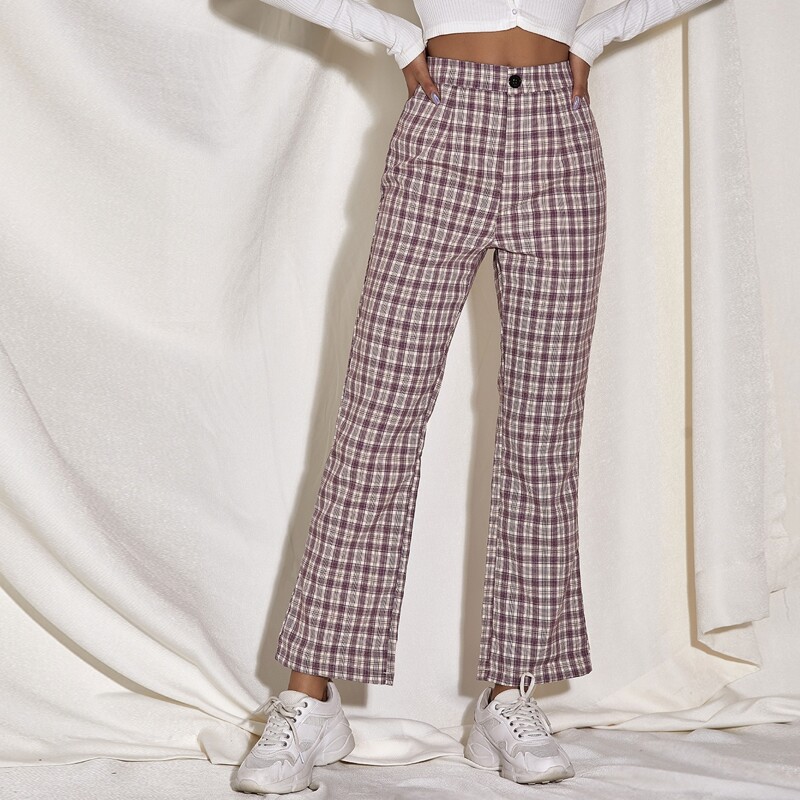 

High Waist Plaid Straight Leg Pants, Multicolor