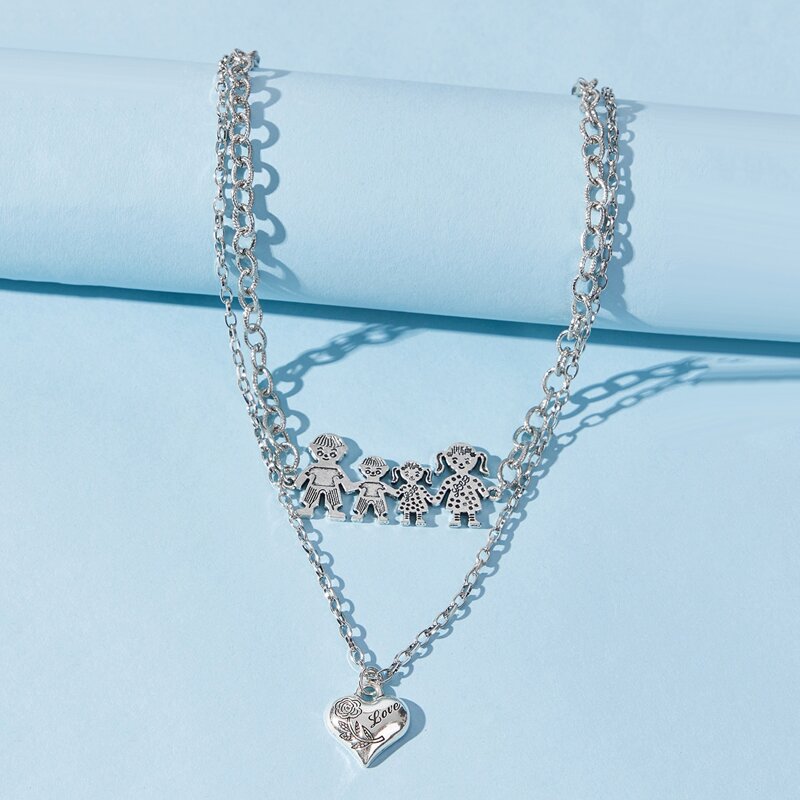 

Heart & Cartoon Figure Layered Necklace, Silver