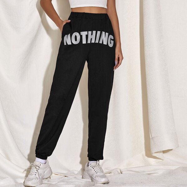 

Elastic Waist Letter Graphic Joggers, Black