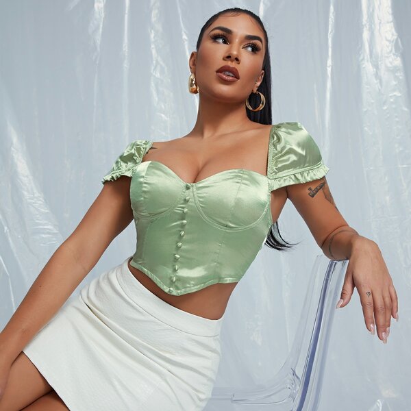 

Frill Cuff Satin Bandana Crop Top, Pastel mint green
